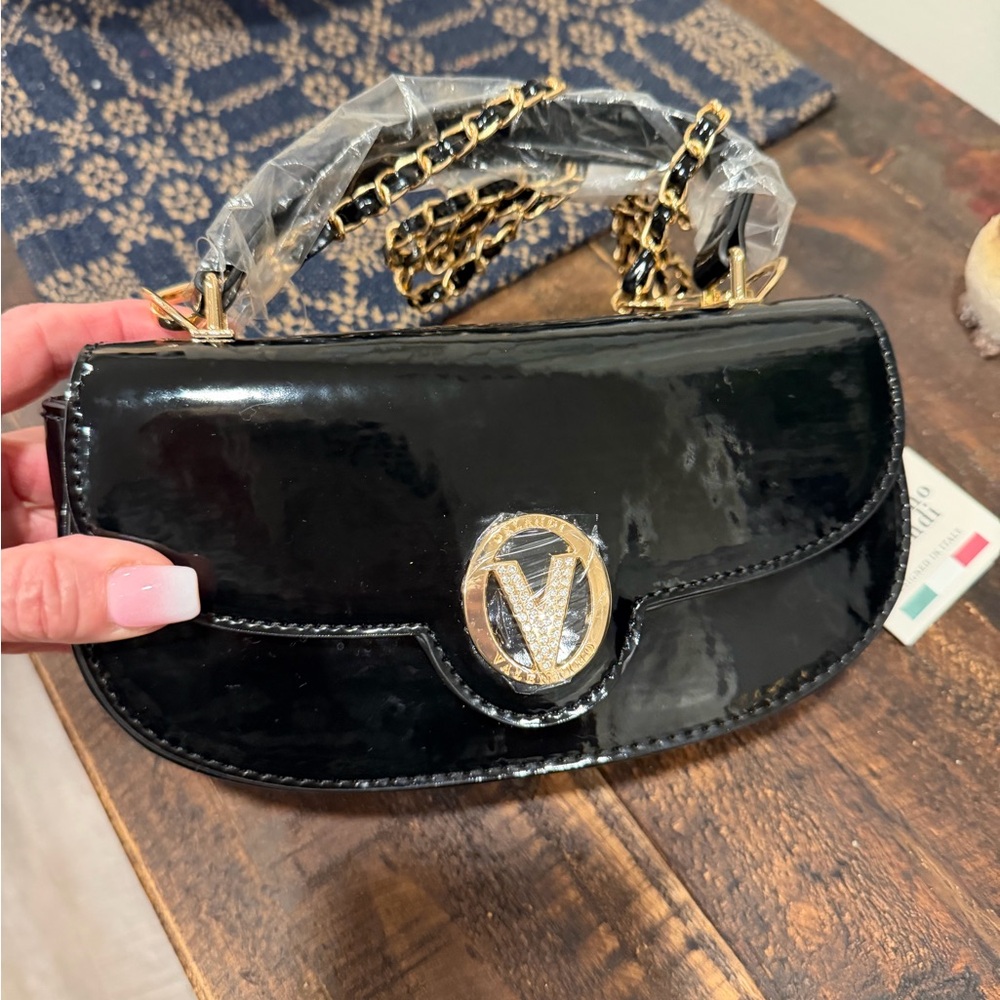 Valentino Orlandi Black Patent Leather Clutch with Gold Accents
